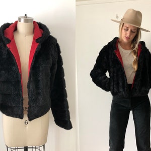 Vintage 90s Y2K Black Faux Fur Hooded 