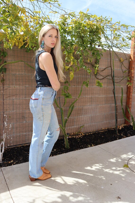 70s High Waisted Distressed Cotton Light Denim Je… - image 3