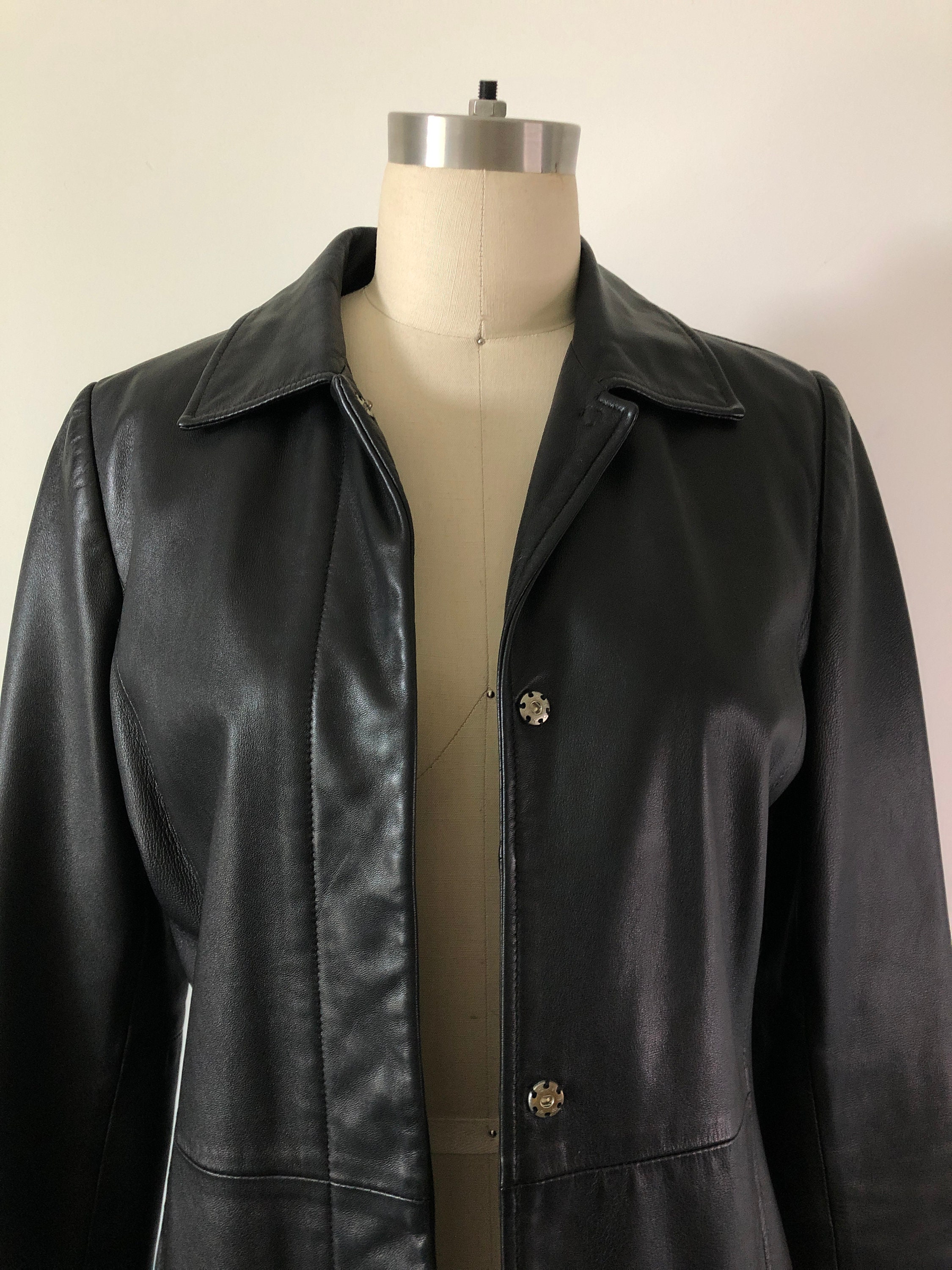 Y2K Super Soft Black Leather Snap Button Collared Jacket Coat | Etsy