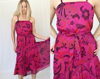 Vintage 70s Mindy Malone Size Small Pink Fuchsia Floral Flowy Spaghetti Dress