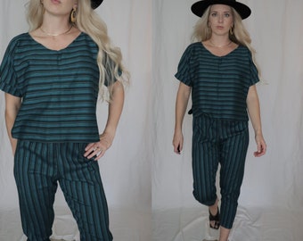 Vintage Handmade 70s Blue Stripe Pant Set with Silver Metallic Threads Top Has Puff Sleeves One of a Kind