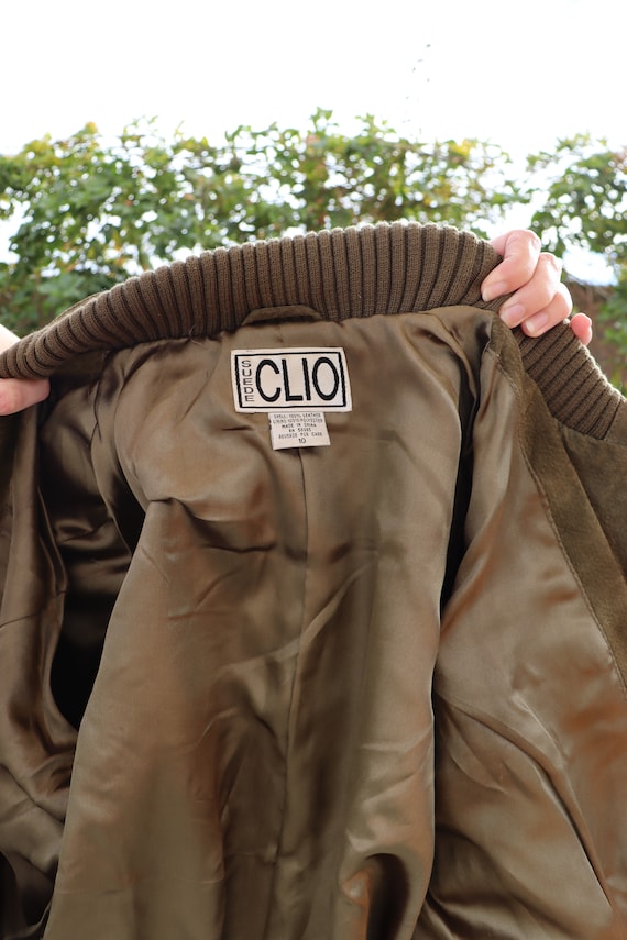 90s Clio Olive green Suede Leather Bomber Jacket … - image 10