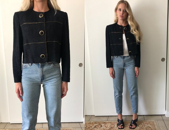 Vintage Crop Jacket Black Textured Leslie Fay Shou