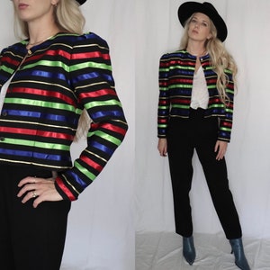 Vintage 80s Jacqueline Ferrar Puff Sleeve Striped Red Green Blue Gold Black Crop Button Up Jacket