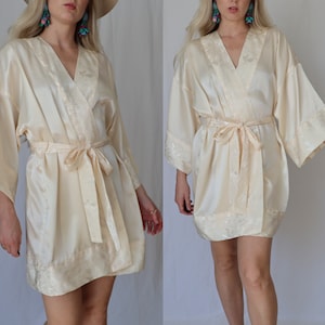 90s Victoria Secret VS Cream Satin and Jacquard Trim Robe Wedding Day Kimono Style