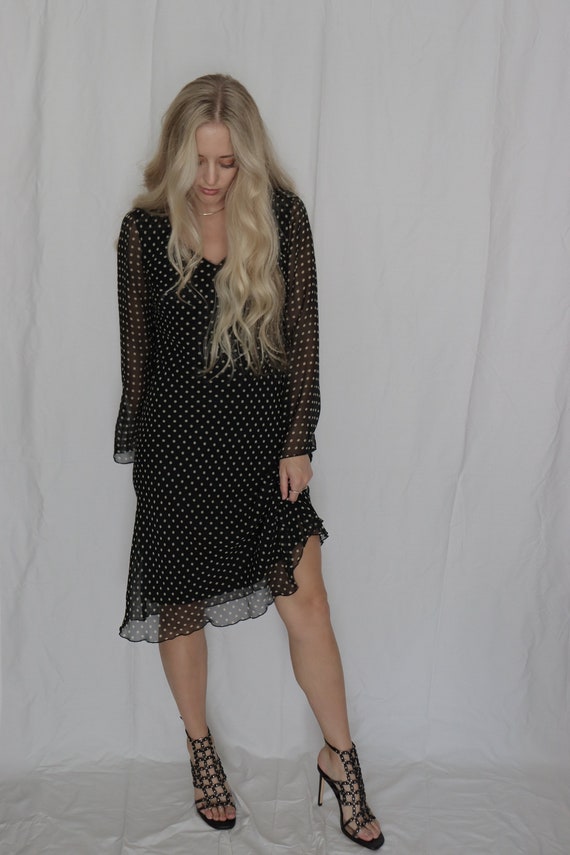 Vintage 90s Polka Dot Chiffon Bias Cut Long Sleev… - image 3