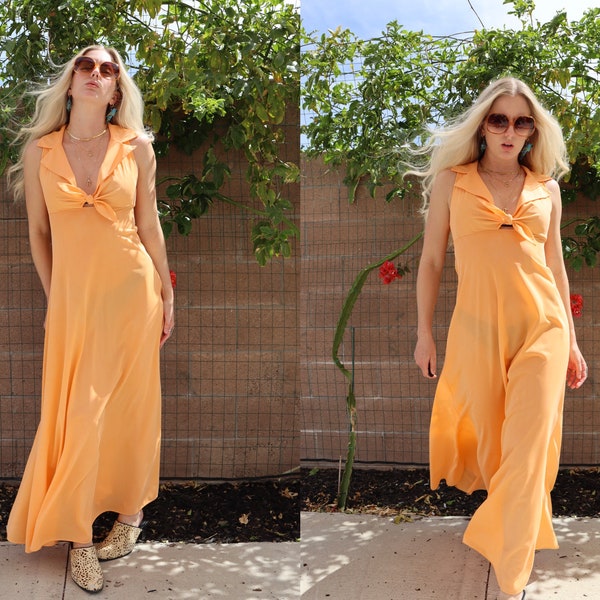 70s John Kloss for Cira Orange Maxi Tie Front Tank Dress Hand Dyed Collared Dress