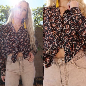 Vintage 80s Abstract Print Brown Taupe Cream Black Silky Poly Blouse