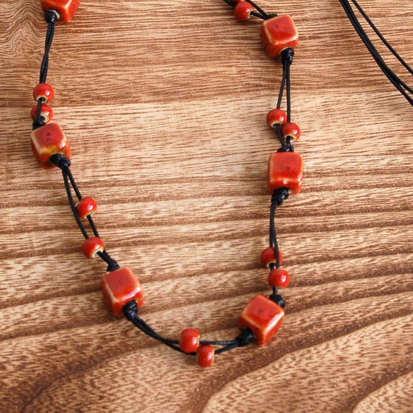 Ceramic Beaded Necklace.Red Porcelain Beads Necklace.Bohemian Adjustable Long Necklace.Hippie/Boho Necklace.Corded Necklace.Summer Necklace