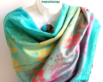 Blue Turquoise Multicolor Pashmina Scarf.Colorful Stole/Shawl.Fall/ Winter Scarf.Evening Stole,Blue Wedding Wrap/Shawl.Spring/Summer Scarf