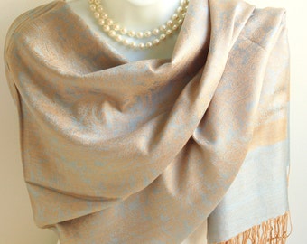 Light Blue Pashmina Scarf.Blue/Gray with Golden Beige Paisley Pashmina.Evening Wrap.Elegant Silky Pashmina.Wedding Wrap.Formal Shawl