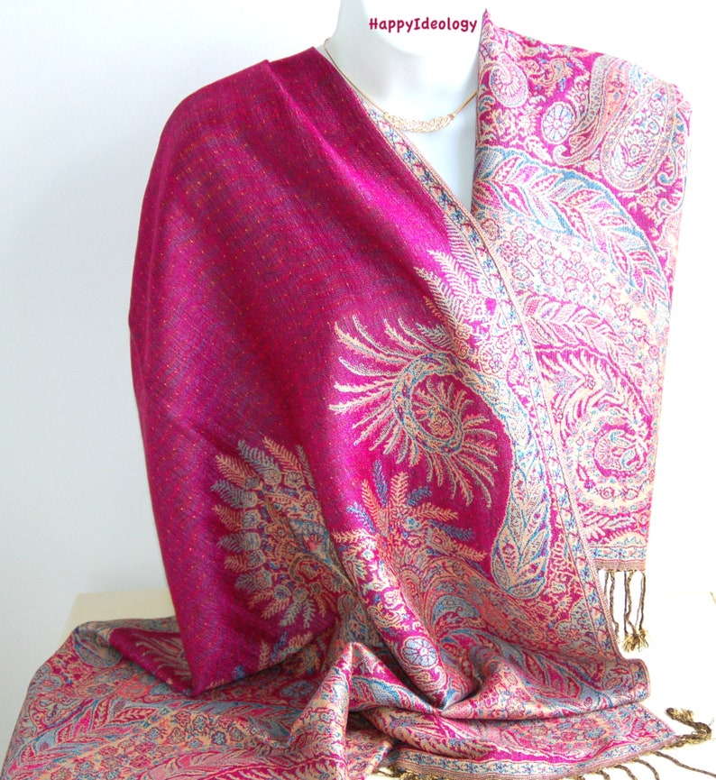 Pashmina.Pashmina reversible rosa fucsia.Bufandas de invierno cálidas.Envoltura de boda.Chal/estola de noche formal.Madre de la novia.Chal rosa brillante imagen 5