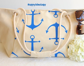 Nautical Large Beach Bag. Anchor Print Beach Bag/Tote.Canvas Large Tote Bag. Blue and White Anchor Bag.Nautical Purse