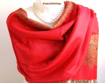 Red Pashmina Scarf.Reversible Red & Golden Beige Pashmina / Shawl.Winter Scarves.Holiday Scarves.Wedding Wrap / Shawl.Evening Shawl