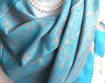 Blue Pashmina Scarf.Blue Turquoise & Golden Beige Pashmina/Shawl.Fall/Winter Scarves.Formal Pashmina Scarf/Shawl.Evening Wedding Wrap
