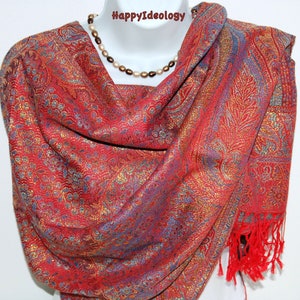 Orange Pashmina Scarf. Orangey Red & Gold Metallic Paisley Pashmina.Multicolor Scarves.Wedding Wrap.Evening Shawl.Mothers Day Gift