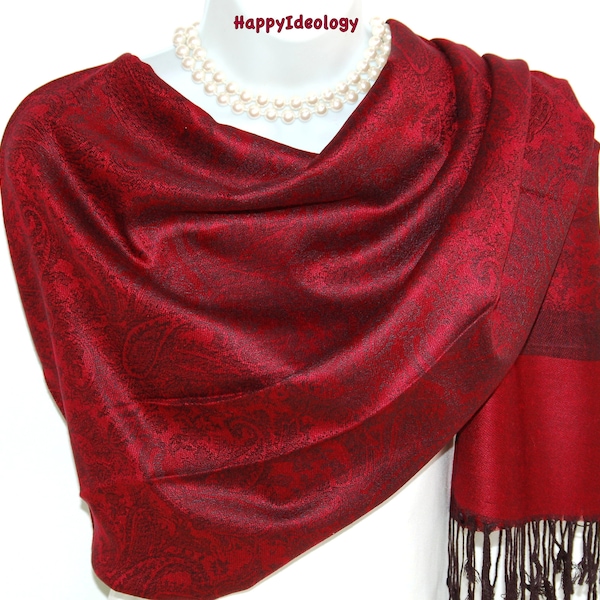 Red Pashmina Scarf.Dark Burgundy Red & Black Pashmina/Shawl.Winter Scarves.Formal Pashmina Scarf.Holidays Evening Scarves.Wedding Shawl/Wrap