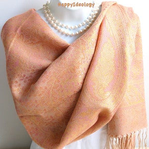 Rose Pink Pashmina Scarf.Light Pink & Beige/Gold Metallic Paisley Pashmina.Autumn/Spring Scarves.Wedding Wrap.Evening Shawl.Mothers Day Gift