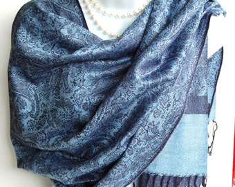 Blue Pashmina Scarf.Blue Pashmina/Shawl.Autumn/Winter Scarves.Elegant Silk /Pashmina Scarf/Shawl.Evening Scarves/Shawl.Wedding Shawl/Wrap