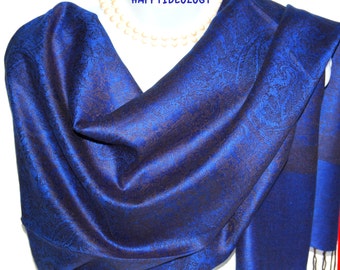 Blue Pashmina Scarf.Royal Blue and Black Pashmina/Shawl.Summer/Winter Scarves.Elegant Silky Pashmina Scarf/Shawl.Formal Shawl.Evening Wrap