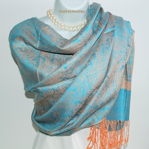 Blue Pashmina Scarf.Blue Turquoise & Orangey Paisley Pashmina/Shawl.Fall/Winter Scarves.Formal Silky Pashmina Scarf.Evening Wedding Wrap