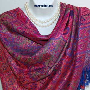 Pink and Blue Paisley Pashmina. Multicolor Scarf.Royal Blue & Pink Gold Metallic Pashmina/Shawl.Wedding Wrap.Evening Shawl.Mothers Day Gif