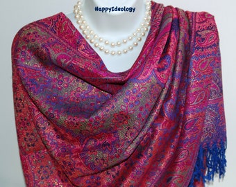 Pashmina motif cachemire rose et bleu. Écharpe multicolore. Pashmina/Châle métallisé bleu roi et or rose.Châle de mariage. Châle de soirée.Gif Fête des Mères