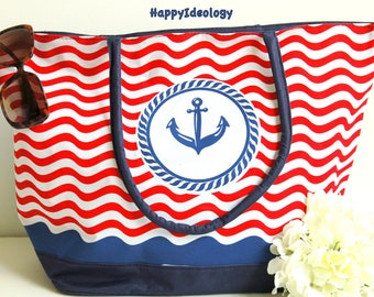 Nautical Large Beach Bag. Anchor Print Beach Bag/Tote. Large Tote Bag.Red, Blue & White Beach Bag/Tote.Anchor Purse