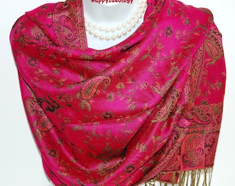 Pink Pashmina Scarf. Fuchsia Pink Paisley Floral Pashmina/Shawl.Winter Scarves.Formal Wedding Wrap.Evening Shawl.Holiday Scarf.Gift for Her