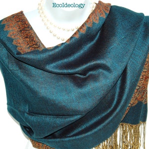 Blue Teal Pashmina Scarf.Reversible/Blue with Golden Paisley Border Shawl.Teal Evening Wrap/Stole.Wedding Wrap/Shawl.Summer/Winter Scarf