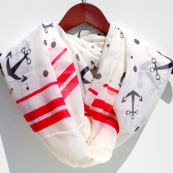 Nautical Anchor Infinity Scarf. Blue,Off White & Red Nautical Scarves.Cowl Scarf.Spring Scarf.Summer Scarf.Beach Scarf.Summer Infinity Scarf