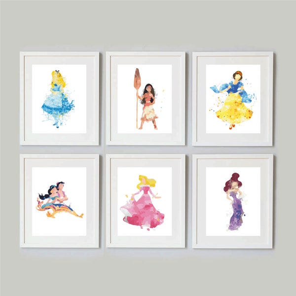 Disney Water colour prints | Snow White | Megera | Moana | Alice | Aladding and Jasmine | Aurora