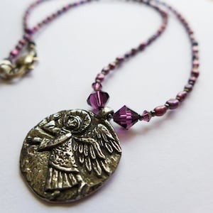 Handcrafted Pewter Guardian Angel Charm on Hand Strung Mauve Freshwater Pearl Necklace with Purple Swarovski crystals