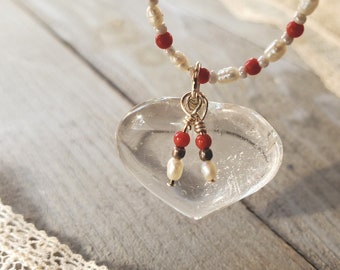 Clear Quartz Heart Pendant and Red Coral and Seed Pearl Bead Necklace with Sterling Silver Findings and Czech Glass Beads