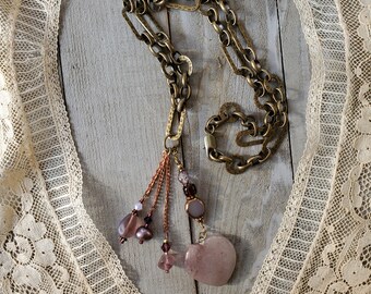 Purple Lepidolite Heart Pendant and Amethyst and Freshwater Pearl and Swarovski Glass on Copper Chain Dangles with Brass Chain Necklace