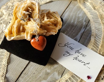 Red Jasper Heart Pendant Sterling Silver Necklace on Natural Barite Heart and Black Velvet Pillow with 'You Have My Heart' Calligraphy Tag