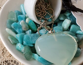 Blue Chalcedony Heart and Sterling Silver Necklace In 'My Cup Runneth Over' Antique Cup and Saucer Genuine Tumbled Amazonite and Aquamarine