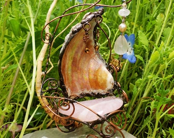 Magical Rose Quartz Hand Wrought Copper Faery Chair of Abalone Shell, Root Bundle, Glass Microbeads, and Pearl