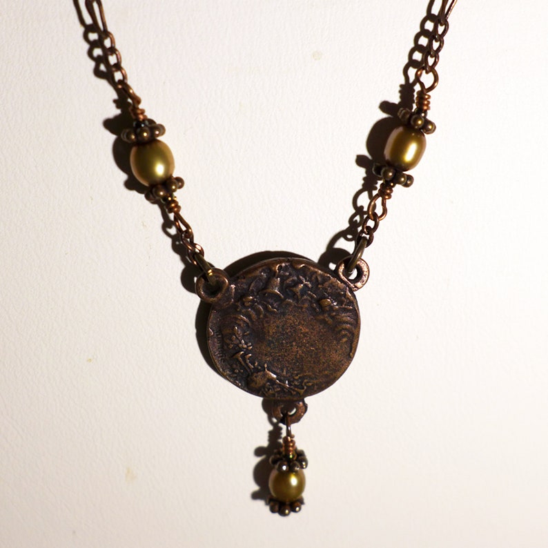 Handcrafted Copper and Brass Cherub and Flowered Charm Necklace with Champagne Freshwater Pearls and Sterling Silver Clasp