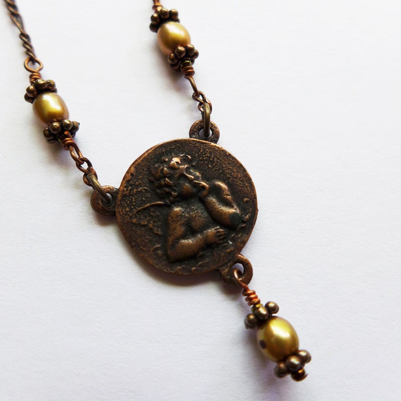Handcrafted Copper and Brass Cherub and Flowered Charm Necklace with Champagne Freshwater Pearls and Sterling Silver Clasp