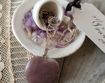 Lepidolite Heart and Sterling Silver Necklace in  'My Cup Runneth Over' Antique Cup and Saucer with Genuine Tumbled Amethyst