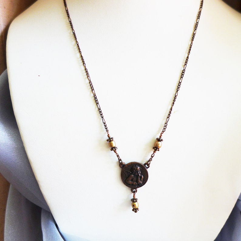 Handcrafted Copper and Brass Cherub and Flowered Charm Necklace with Champagne Freshwater Pearls and Sterling Silver Clasp