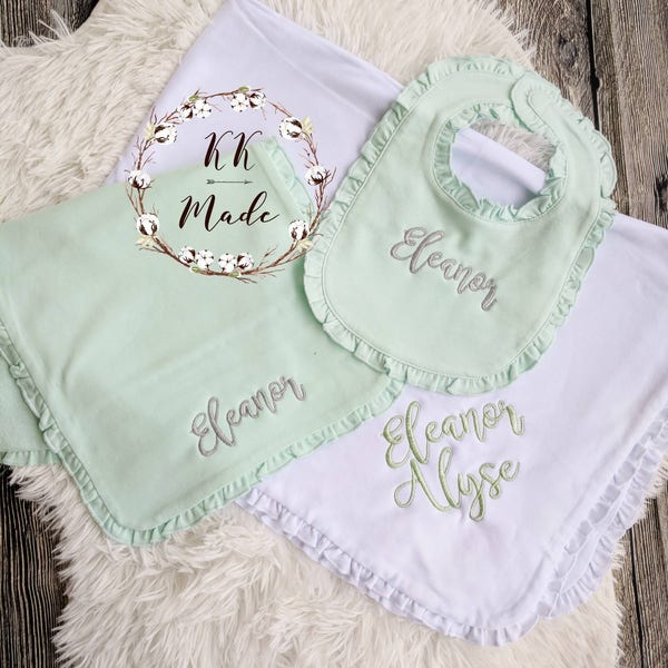 Customized baby blanket, customized baby girl bib, customized baby shower gift, monogrammed bib, personalized baby blanket, baby girl bib