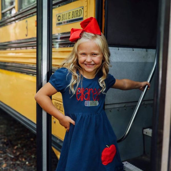 Back to school outfit, first day of school outfit, school dress, kindergarten dress, Apple dress, first day of school dress