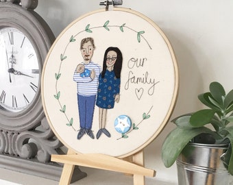 Personalised Family Illustration, Family Gift, Portrait, Textile, Embroidery, Hoop Art, Couples Gift, Gift for him, Gemma Eve