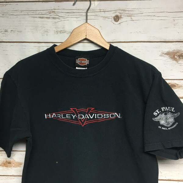 Vintage 90's Harley Davidson Tshirt St Paul Minnesota Harley motorcycle t shirt waffle knit embroidered Made in USA - Small/Medium