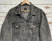 Vintage 80 39 s Lee denim jacket distressed denim Black jean jacket Lee Riders 4 pocket jean jacket hippie Barn coat 44 - Large
