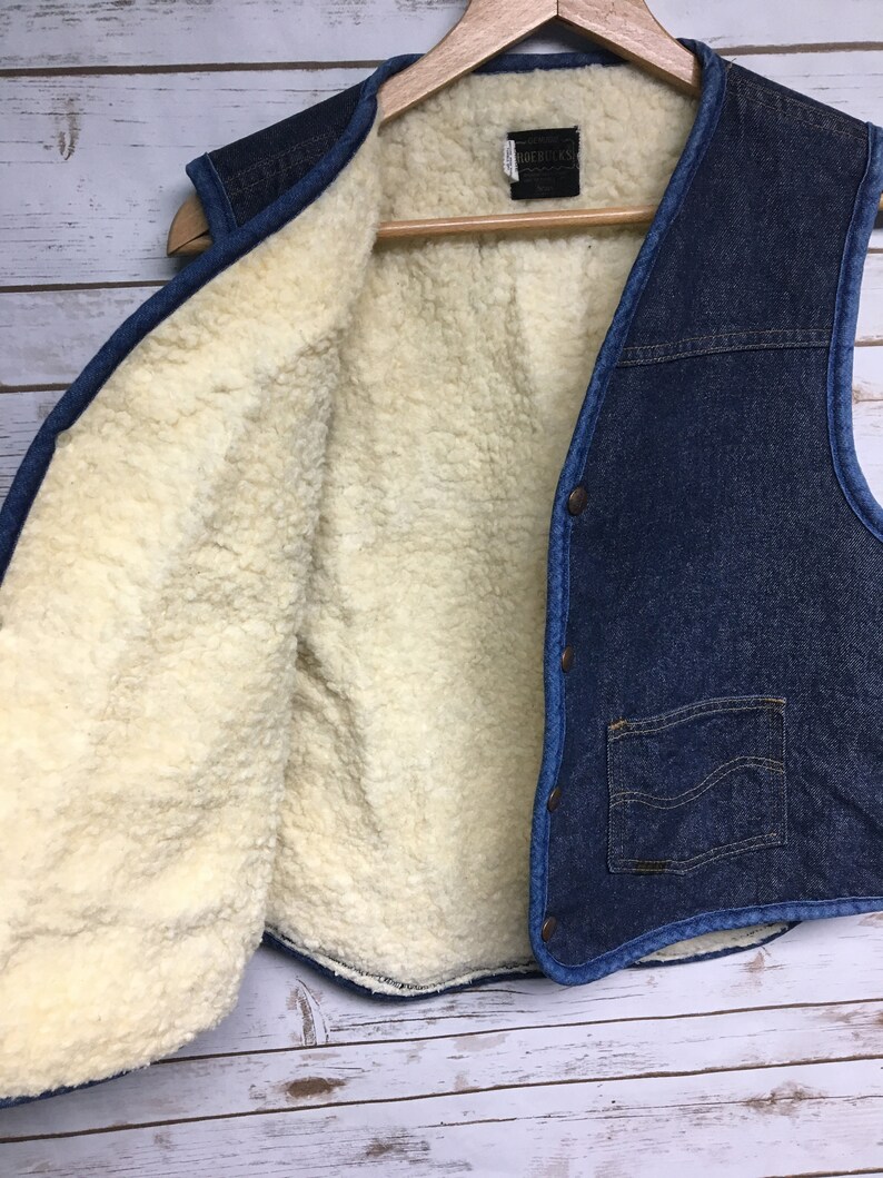Medium Vintage 60/'s Sears and Roebucks Sherpa Lined Denim Vest snap buttons Dark wash hippie distressed denim festival vest boho Cowboy