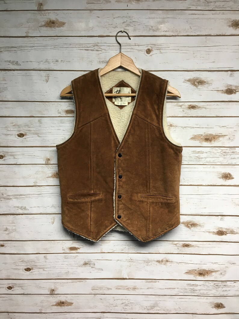 Vintage 80 S Brown Suede Leather Sherpa Lined Vest Berman Snap On Two Pocket Biker Cowboy Small 38