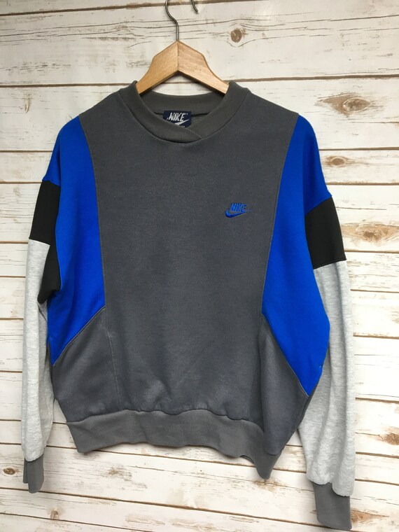 GrampasVintageShop Vintage 80's 90's Nike Crewneck Sweatshirt Nike Blue Tag Made in USA Crew Neck Sweatshirt Color Block Small Logo Basketball - Medium